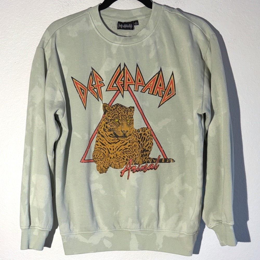 Def Leppard Animal Graphic Sweatshirt Green Acid Wash Rock Band Crewneck Small